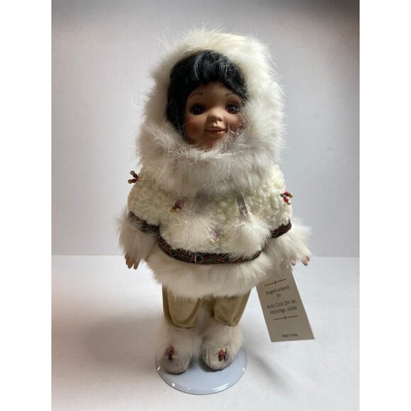 Alaskan Eskimo (Inuit) Doll Genuine Porcelain on Stand With Real Fur Trim - Picture 1 of 7
